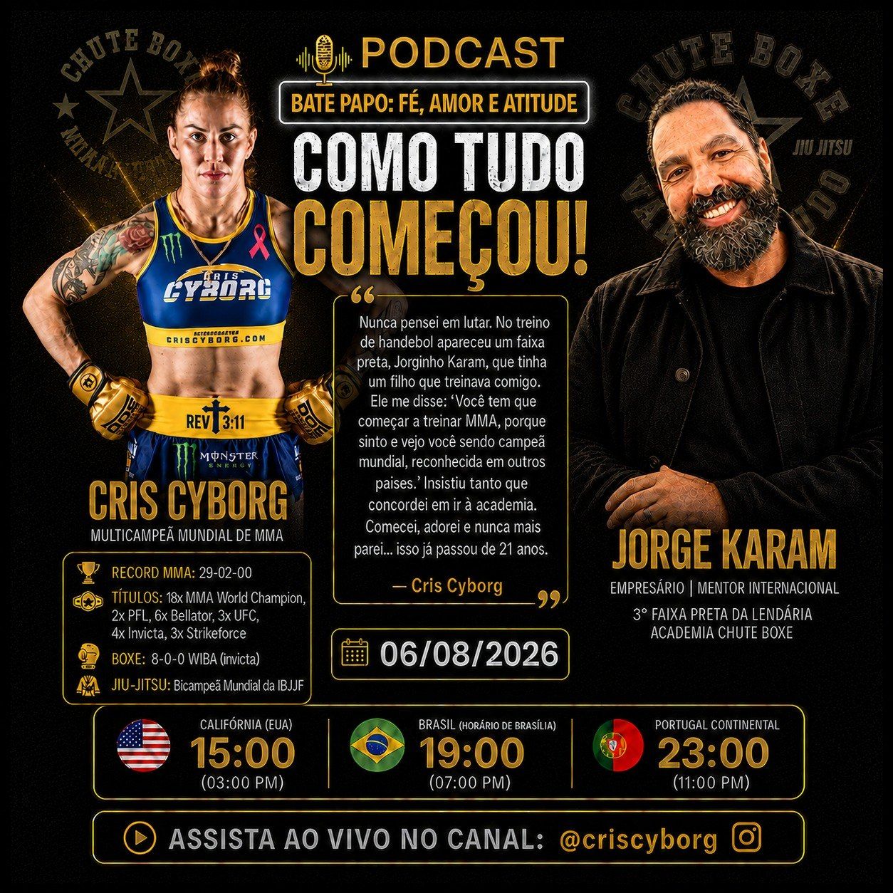 Banner do podcast Como tudo começou com Cris Cyborg e Jorge Karam