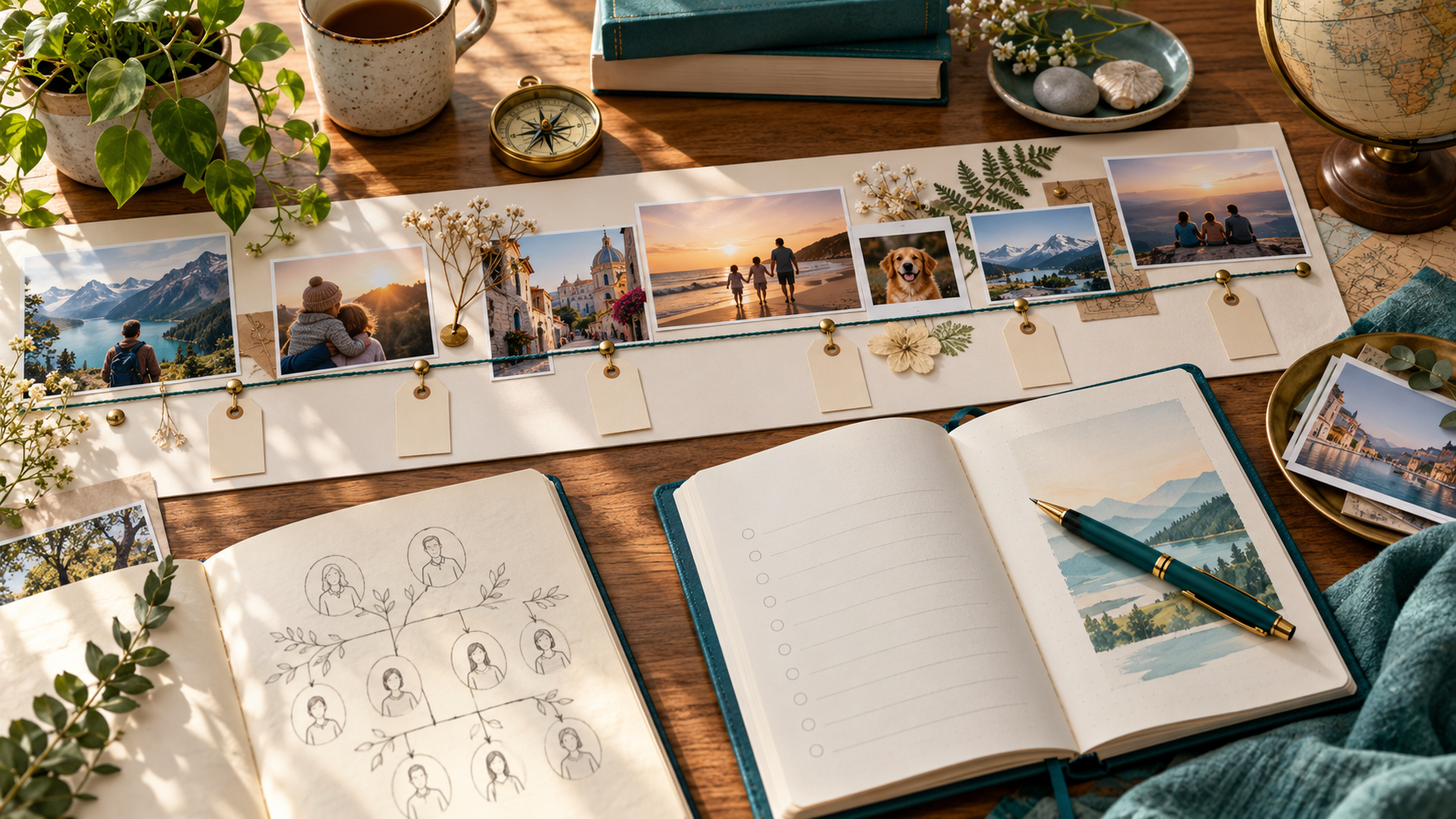 Linha de vida, fotografias, árvore familiar e objetivos · imagem conceptual